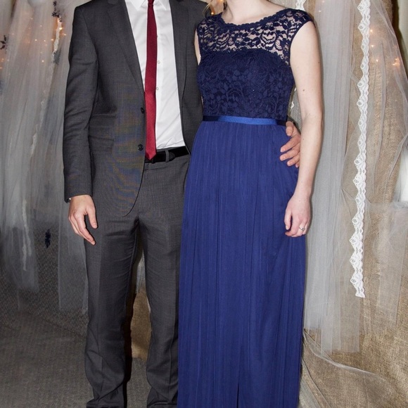 Navy Lace Bodice Full Length Bridesmaid Dress - Picture 6 of 11